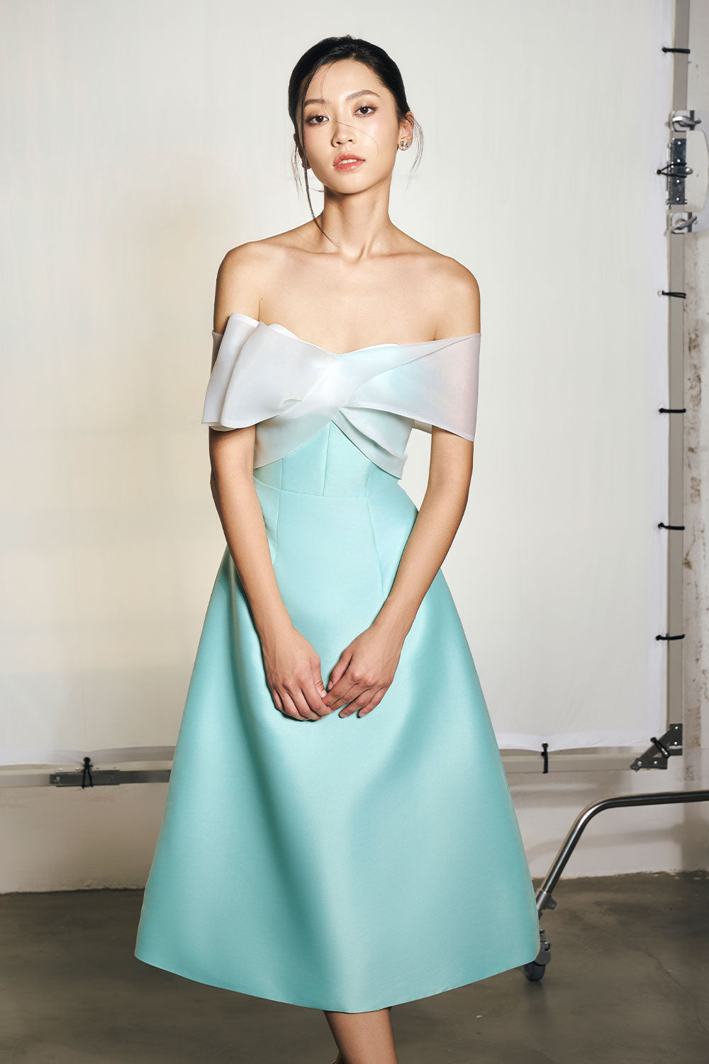 Chantel A-line Off-Shoulder Taffeta Midi Dress