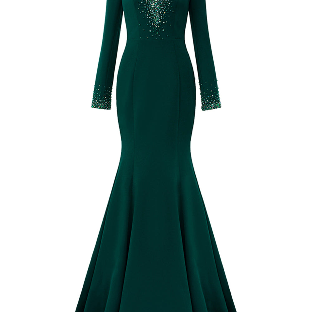 Fiona Mermaid Plunge Neck Crepe Floor Length Dress