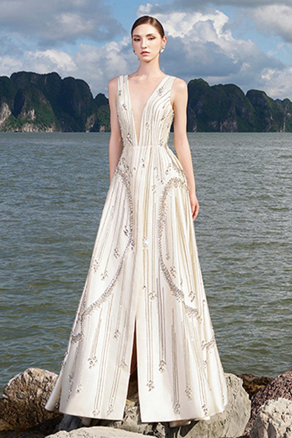 Hampton A-line Front Slit Taffeta Floor Length Dress