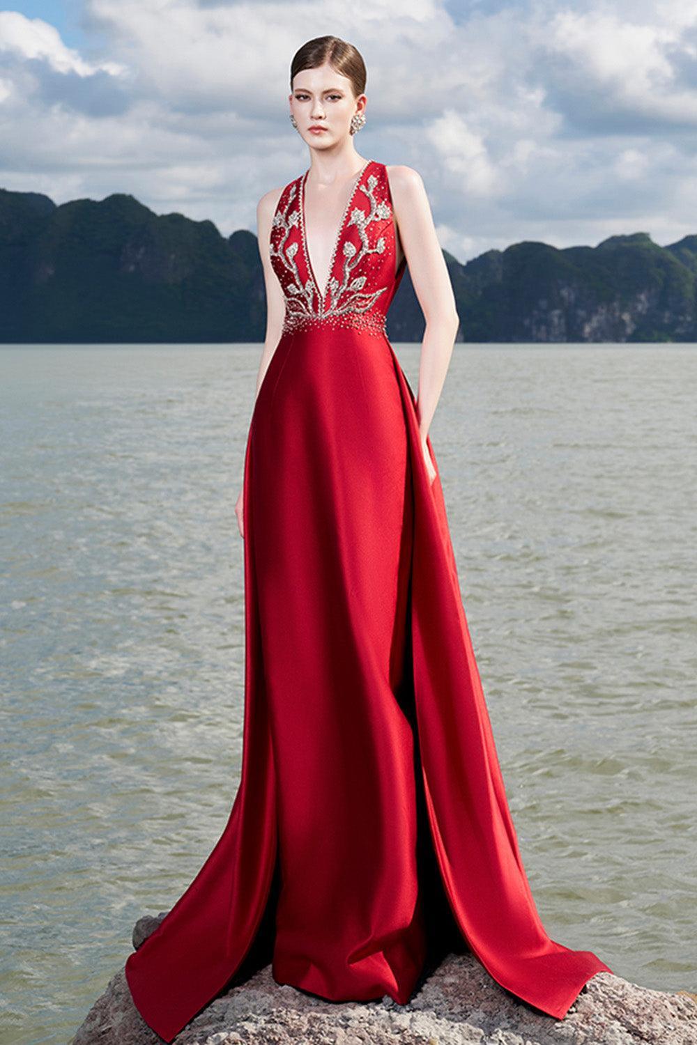 Carthy Sheath Plunge Neck Taffeta Floor Length Dress