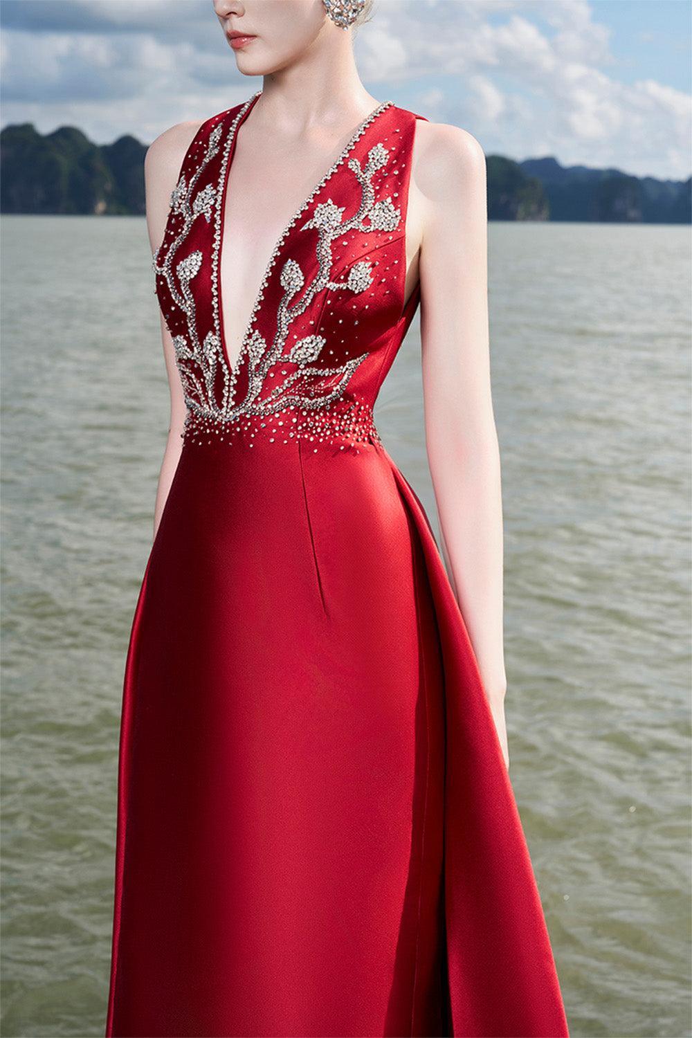 Carthy Sheath Plunge Neck Taffeta Floor Length Dress