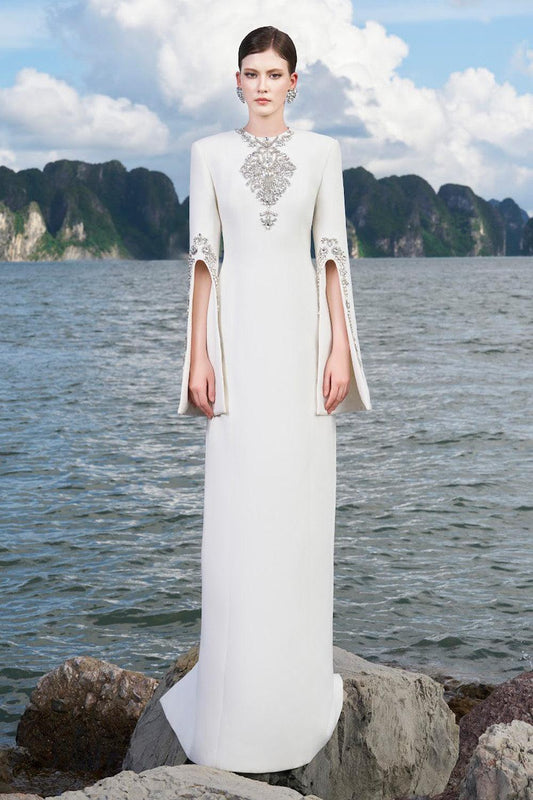 Ulises Sheath Hanging Sleeved Crepe Floor Length Dress