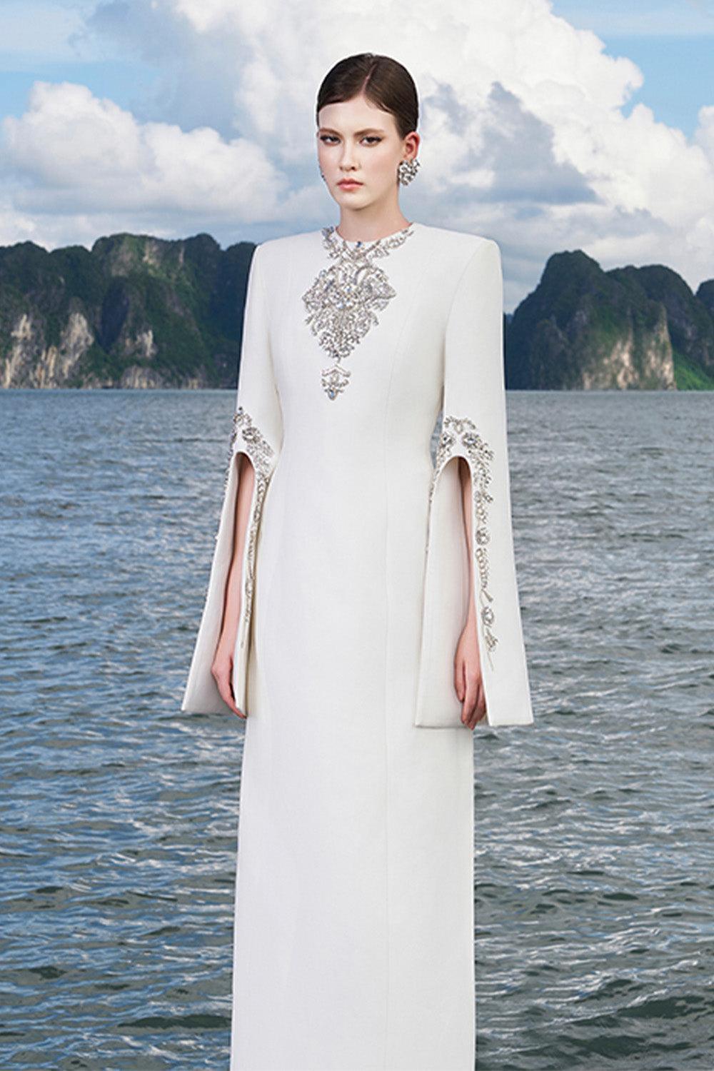 Ulises Sheath Hanging Sleeved Crepe Floor Length Dress