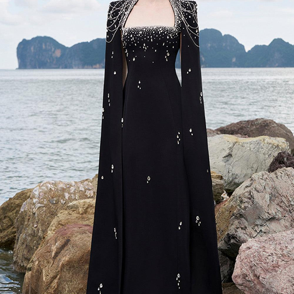 Cisneros Cape Queen Anne Neck Velvet Satin Floor Length Dress