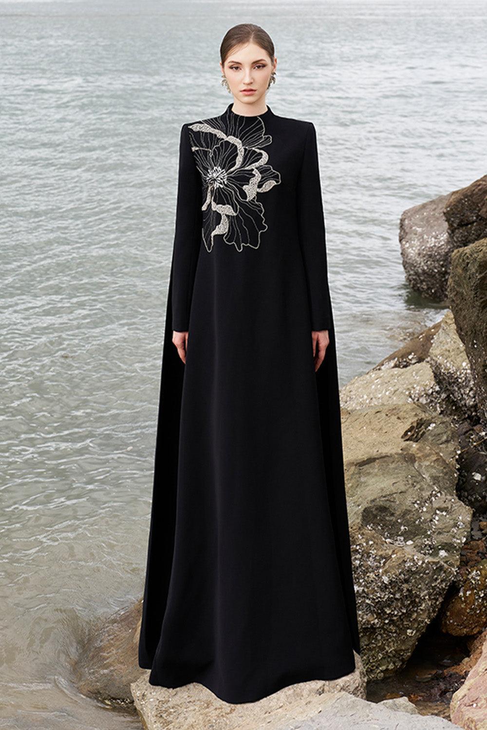 Lucero Trapezoid High Neck Velvet Satin Floor Length Dress