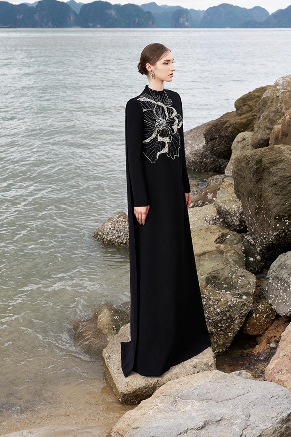 Lucero Trapezoid High Neck Velvet Satin Floor Length Dress