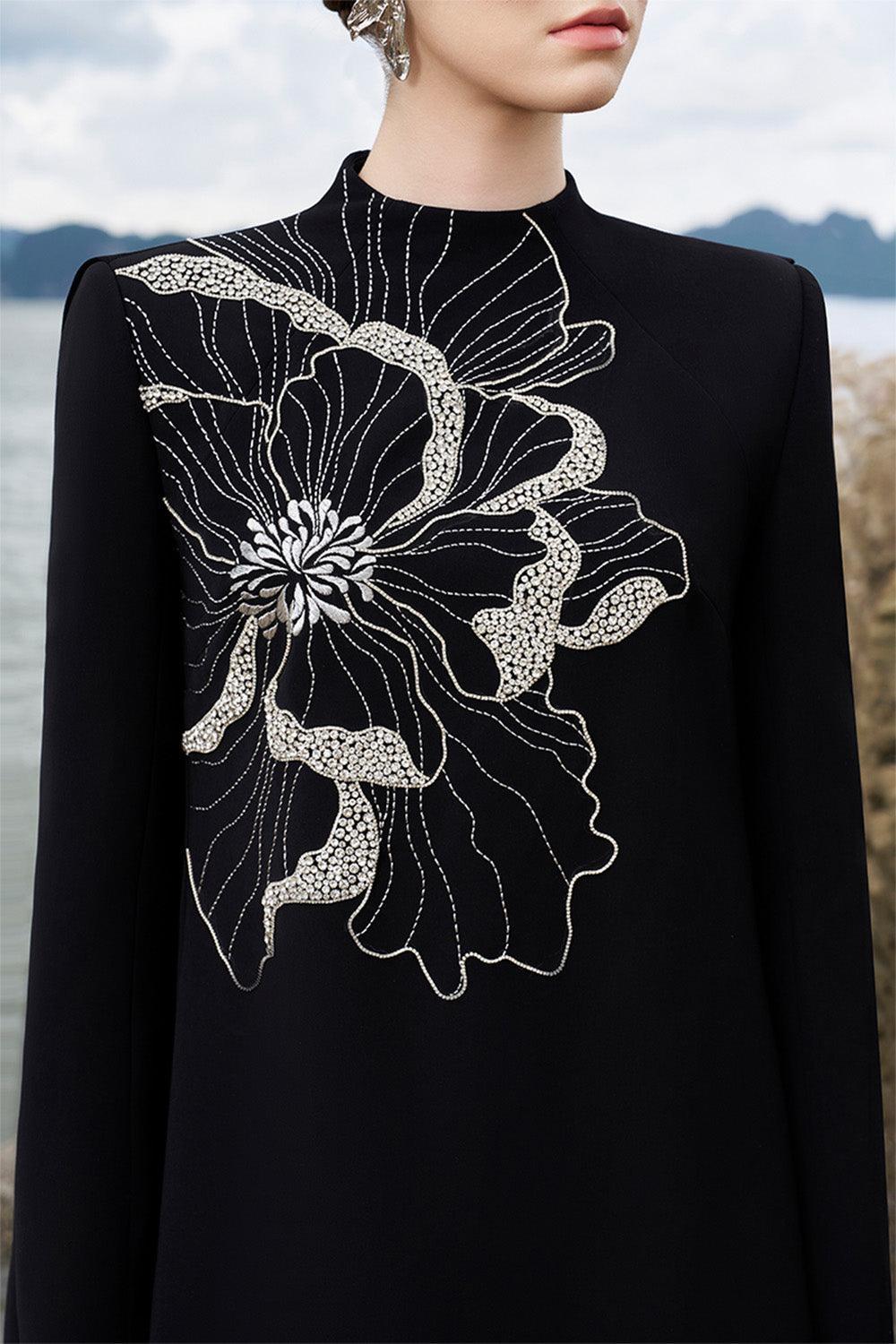 Lucero Trapezoid High Neck Velvet Satin Floor Length Dress