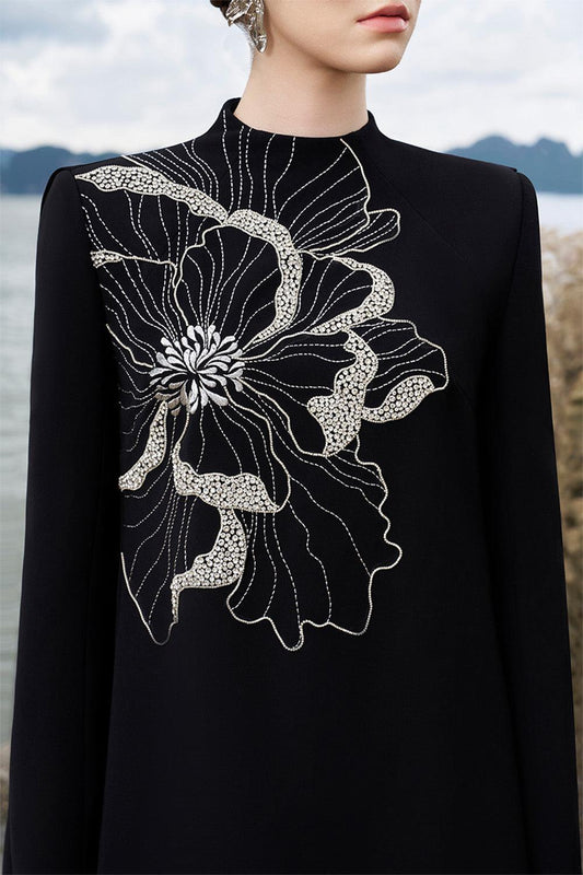 Lucero Trapezoid High Neck Velvet Satin Floor Length Dress