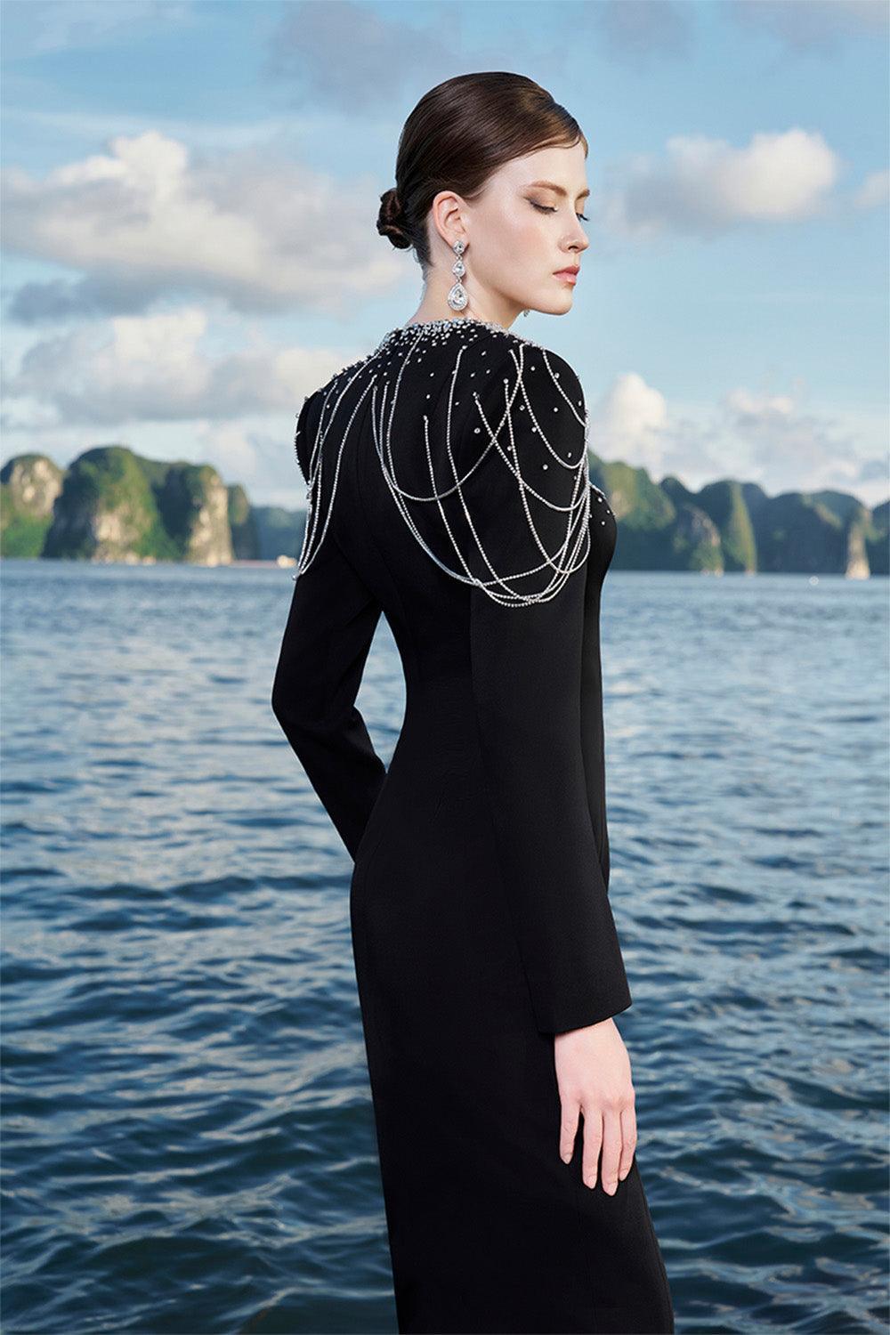 Jarvis Sheath Teardrop Cut-Out Crepe Floor Length Dress