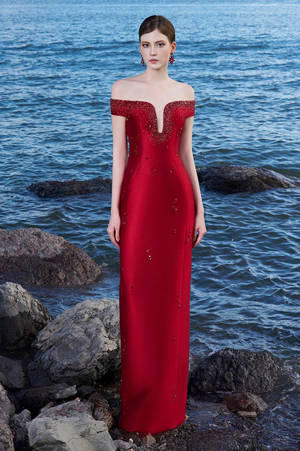 Clarke Sheath Off-Shoulder Taffeta Floor Length Dress