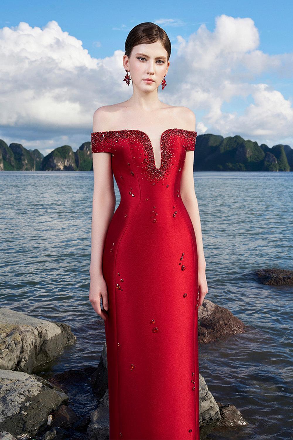 Clarke Sheath Off-Shoulder Taffeta Floor Length Dress