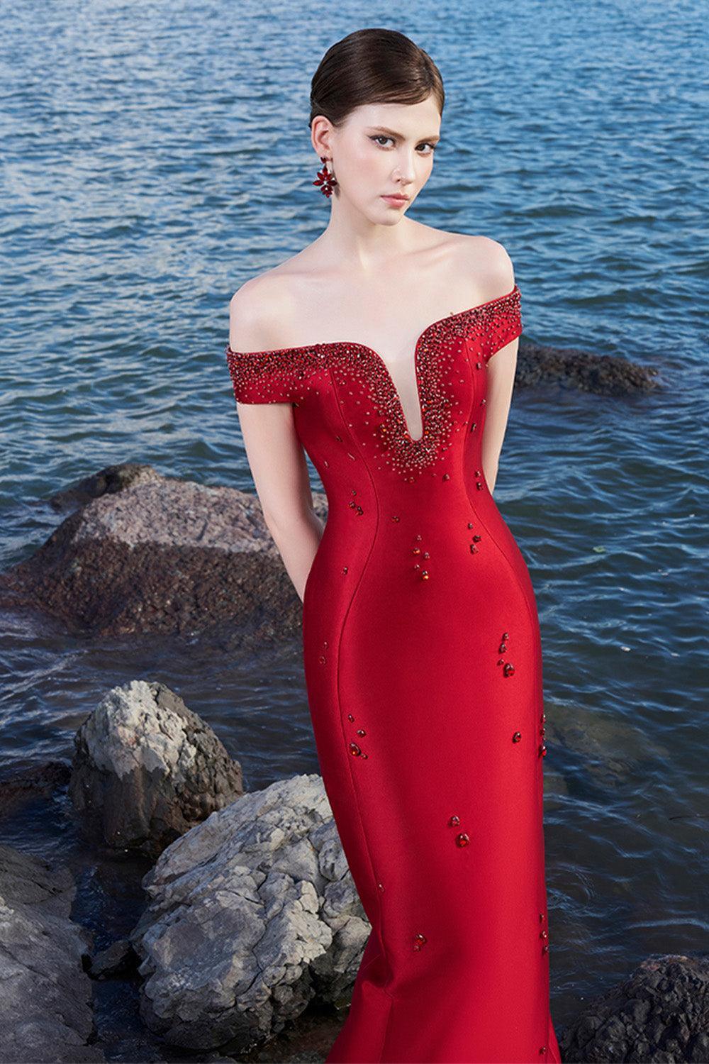 Clarke Sheath Off-Shoulder Taffeta Floor Length Dress