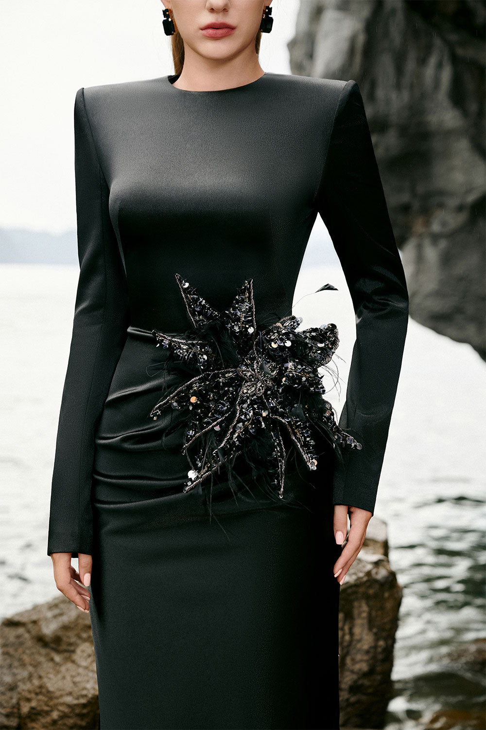 Kiara Mermaid Flower Applique Duchess Satin Extra Long Length Dress