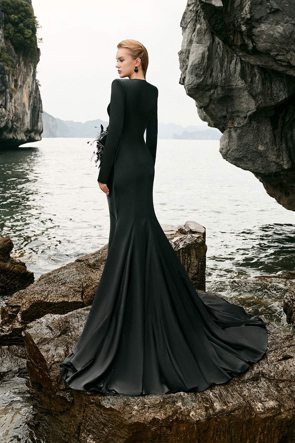 Kiara Mermaid Flower Applique Duchess Satin Extra Long Length Dress