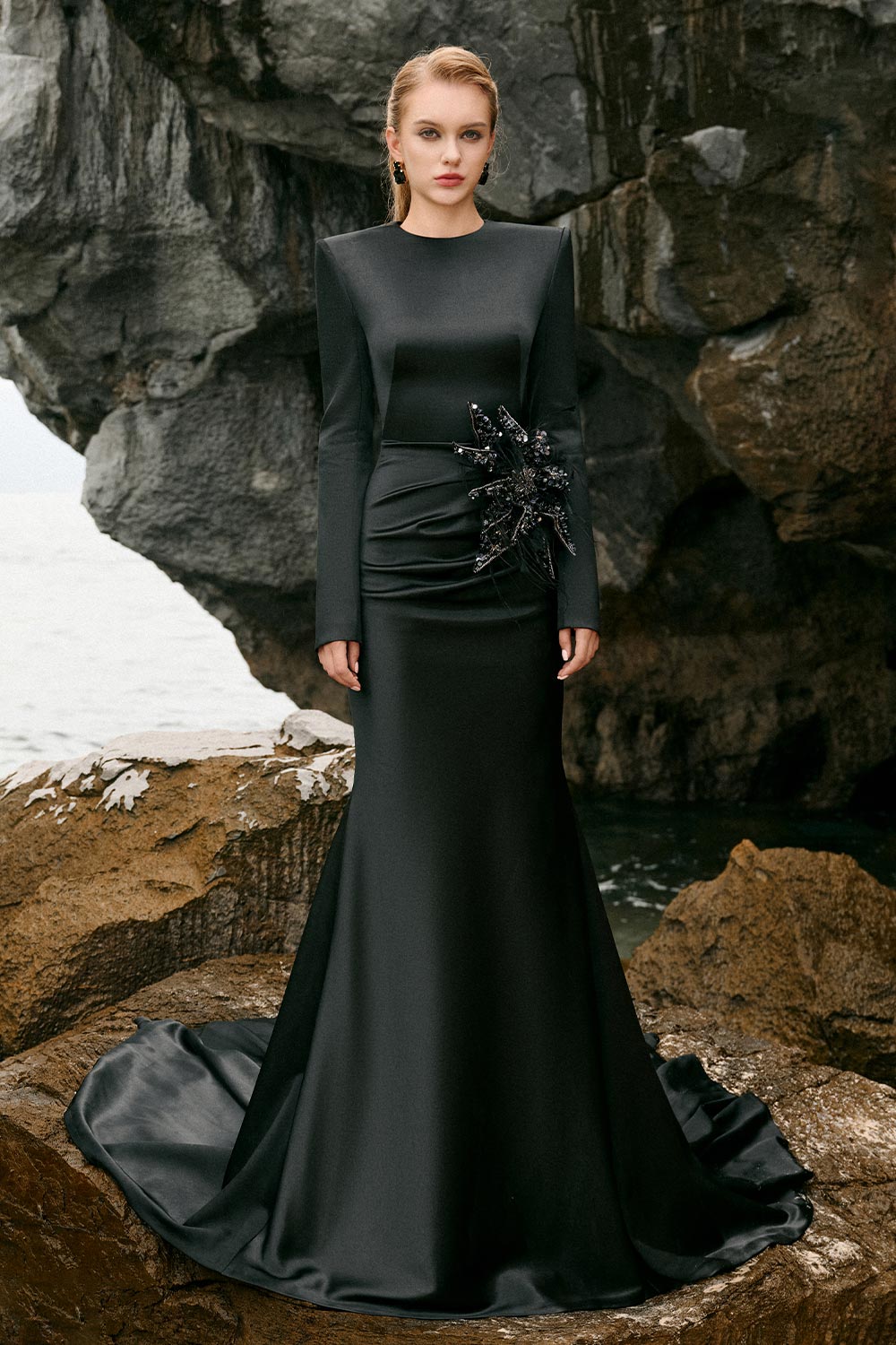 Kiara Mermaid Flower Applique Duchess Satin Extra Long Length Dress