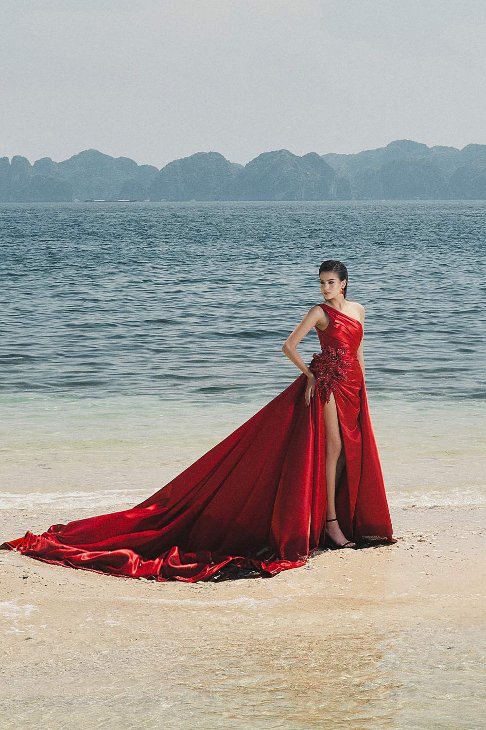 Laurel Slit One Shoulder Duchess Satin Extra Long Length Dress