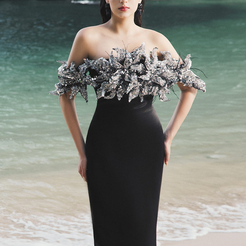 Nicole Trumpet Off-Shoulder Silk Extra Long Length Dress