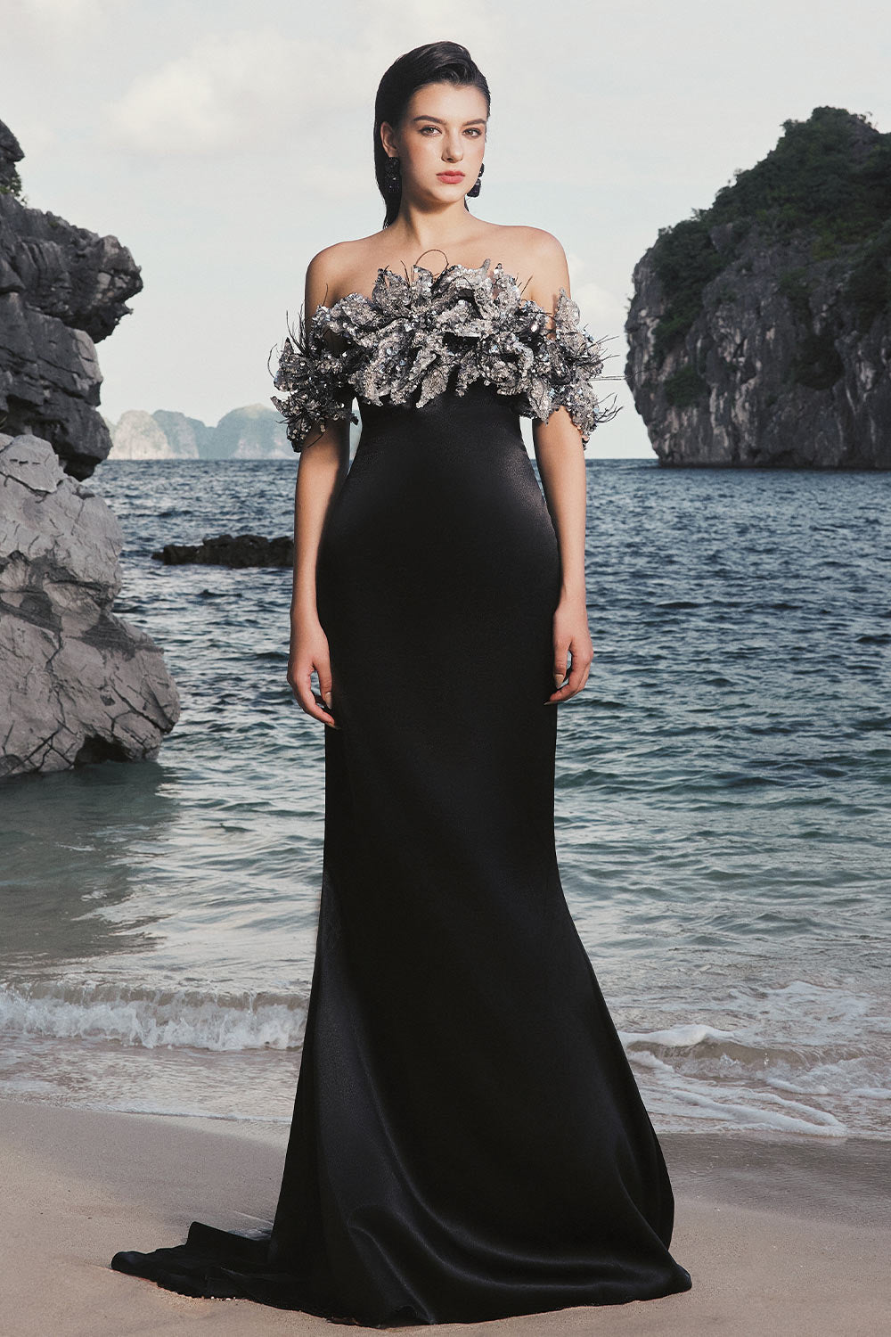 Nicole Trumpet Off-Shoulder Silk Extra Long Length Dress