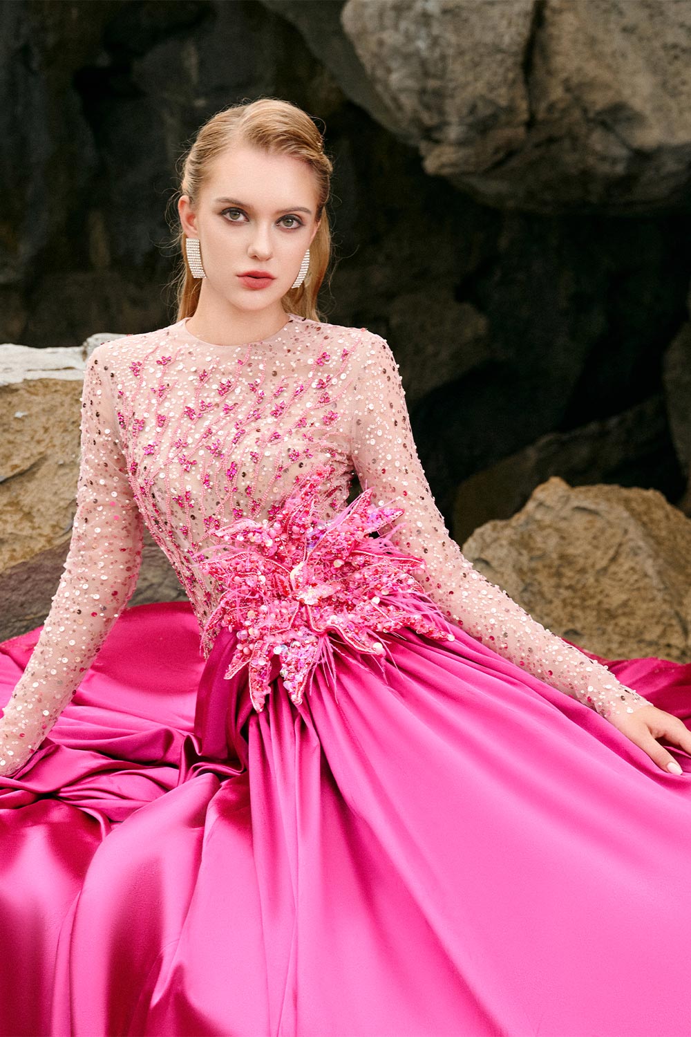 Zoe Ball Gown Sequin Duchess Satin Extra Long Length Dress