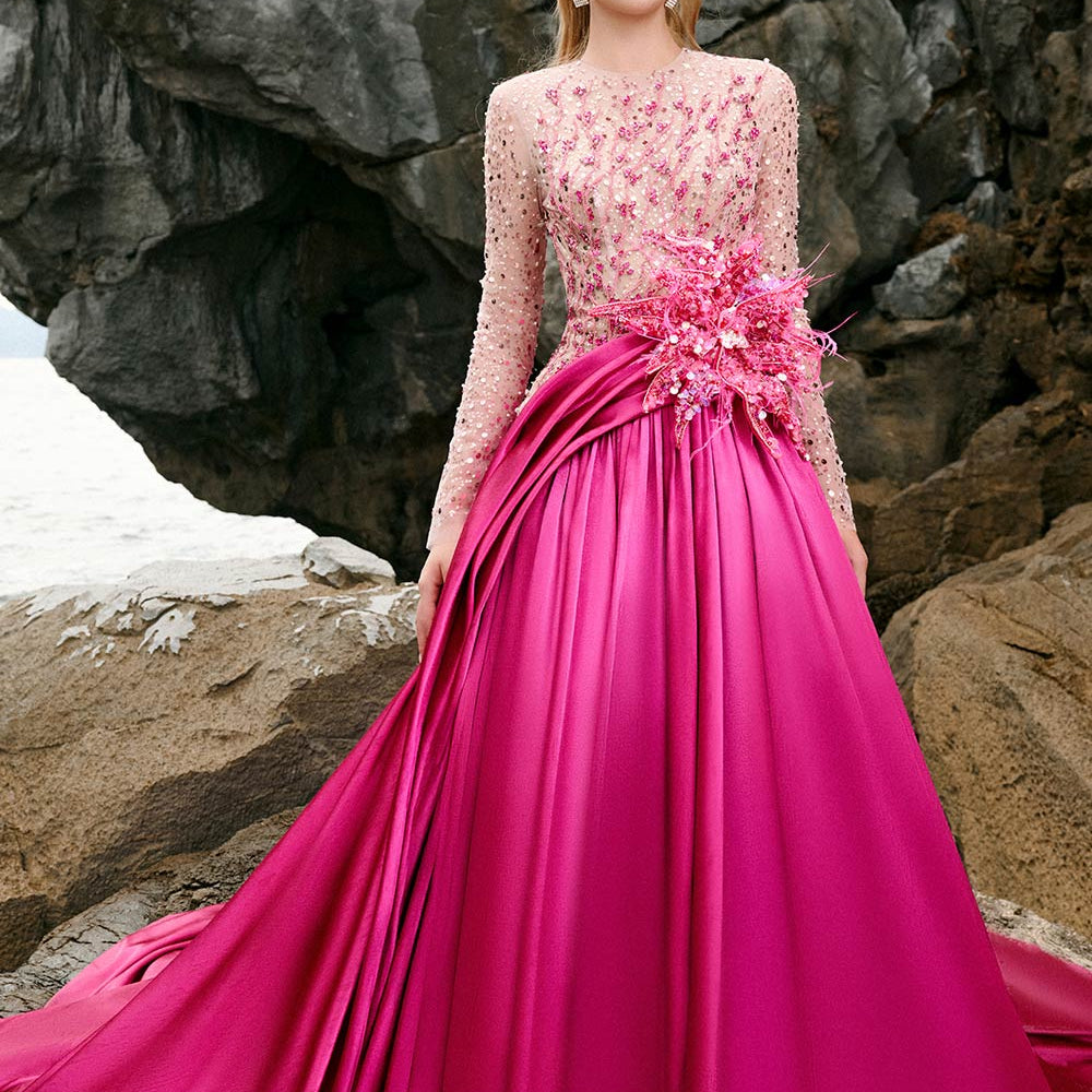 Zoe Ball Gown Sequin Duchess Satin Extra Long Length Dress