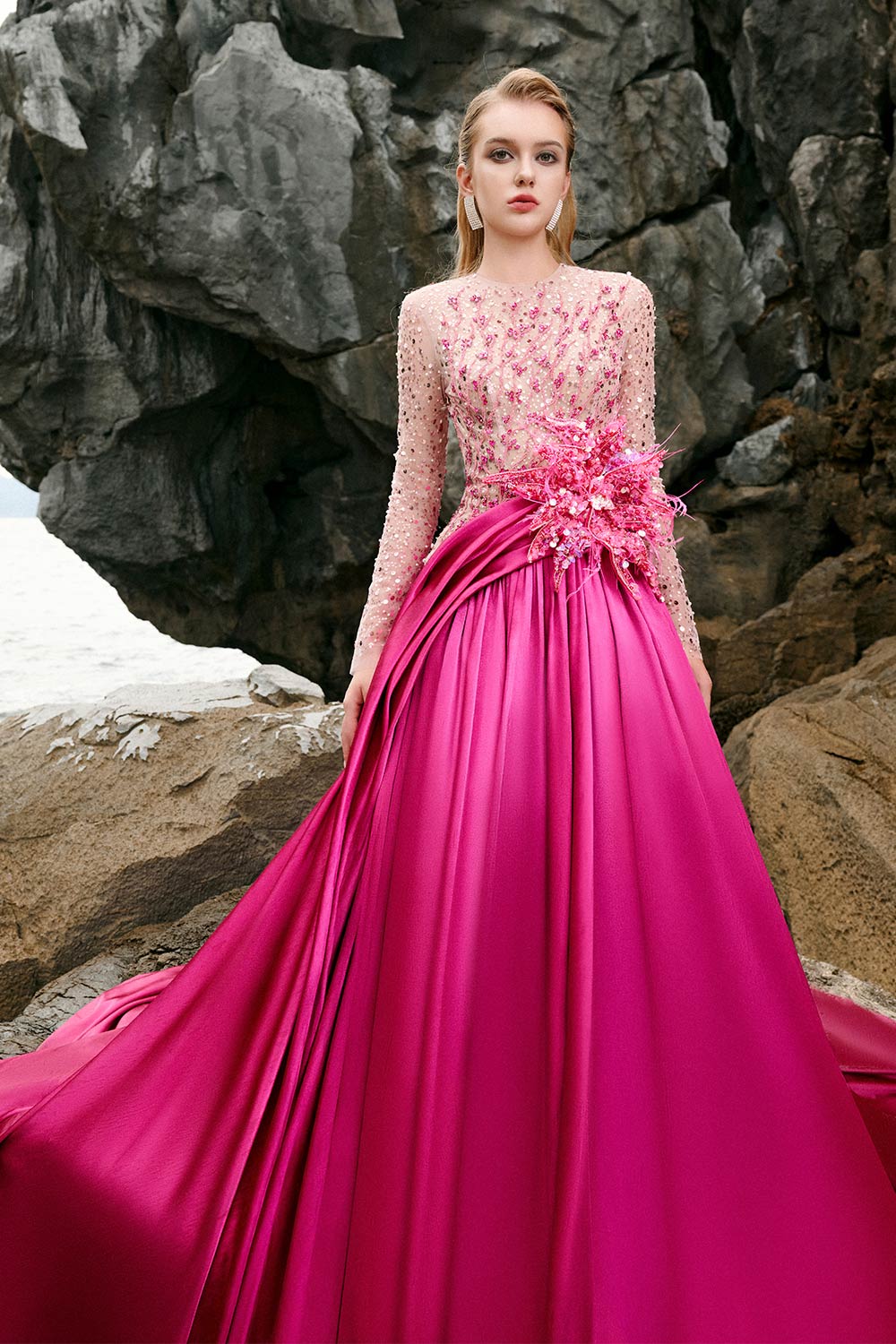 Women's Zoe Ball Gown Sequin Duchess Satin Extra Long Length Dress XS/S/M/L/XL/XXL/Customize/Fuchsia/MEAN BLVD Fuchsia / XXL