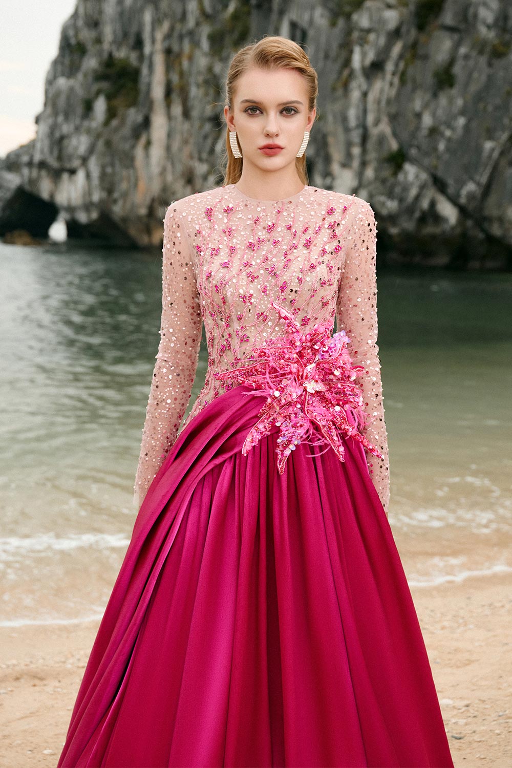 Zoe Ball Gown Sequin Duchess Satin Extra Long Length Dress