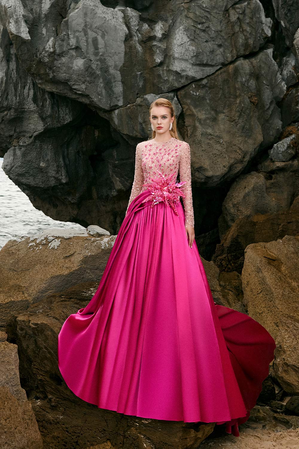 Zoe Ball Gown Sequin Duchess Satin Extra Long Length Dress