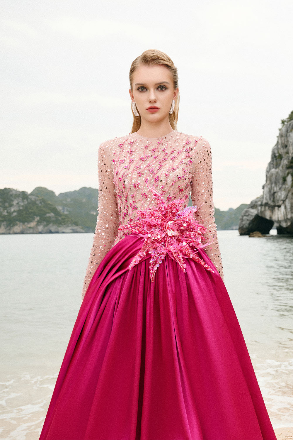 Zoe Ball Gown Sequin Duchess Satin Extra Long Length Dress