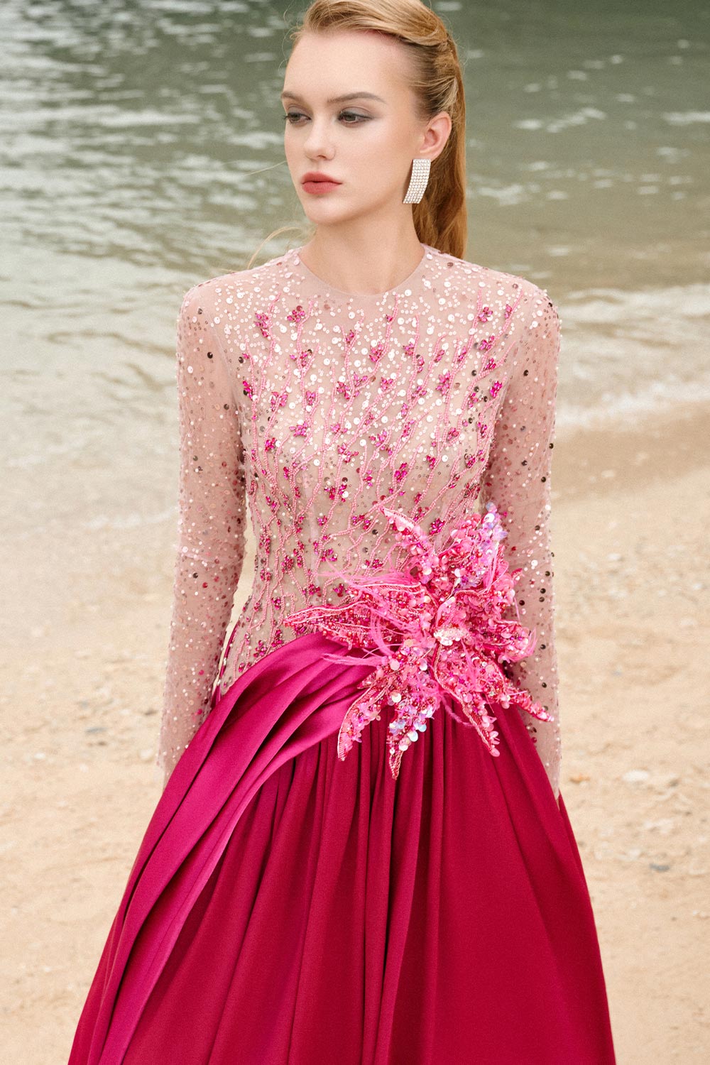 Zoe Ball Gown Sequin Duchess Satin Extra Long Length Dress