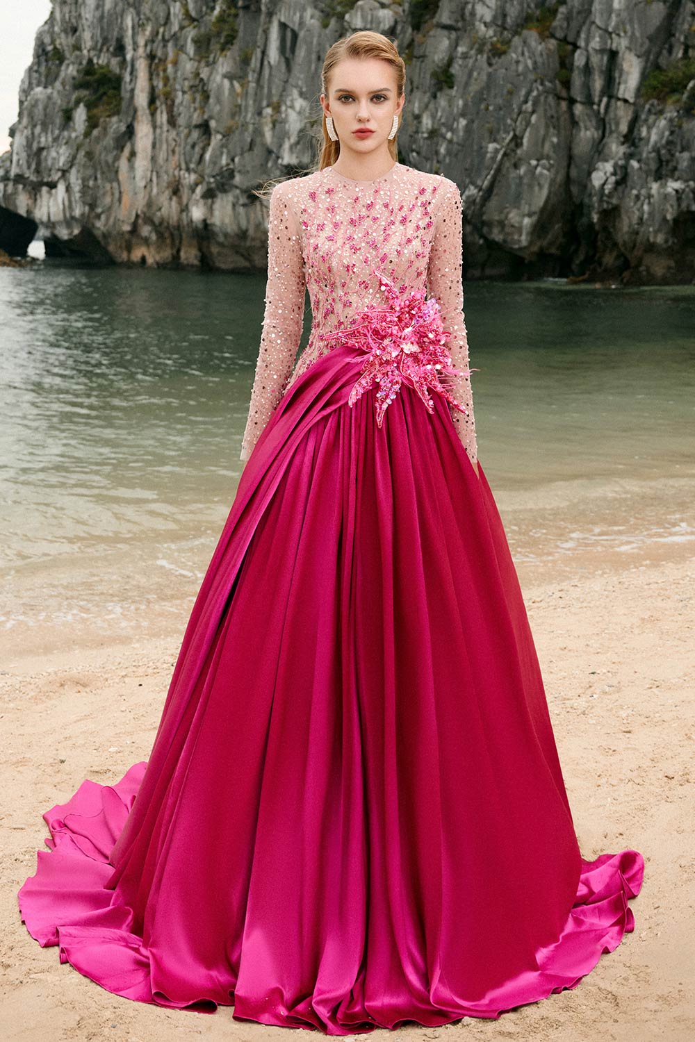 Zoe Ball Gown Sequin Duchess Satin Extra Long Length Dress