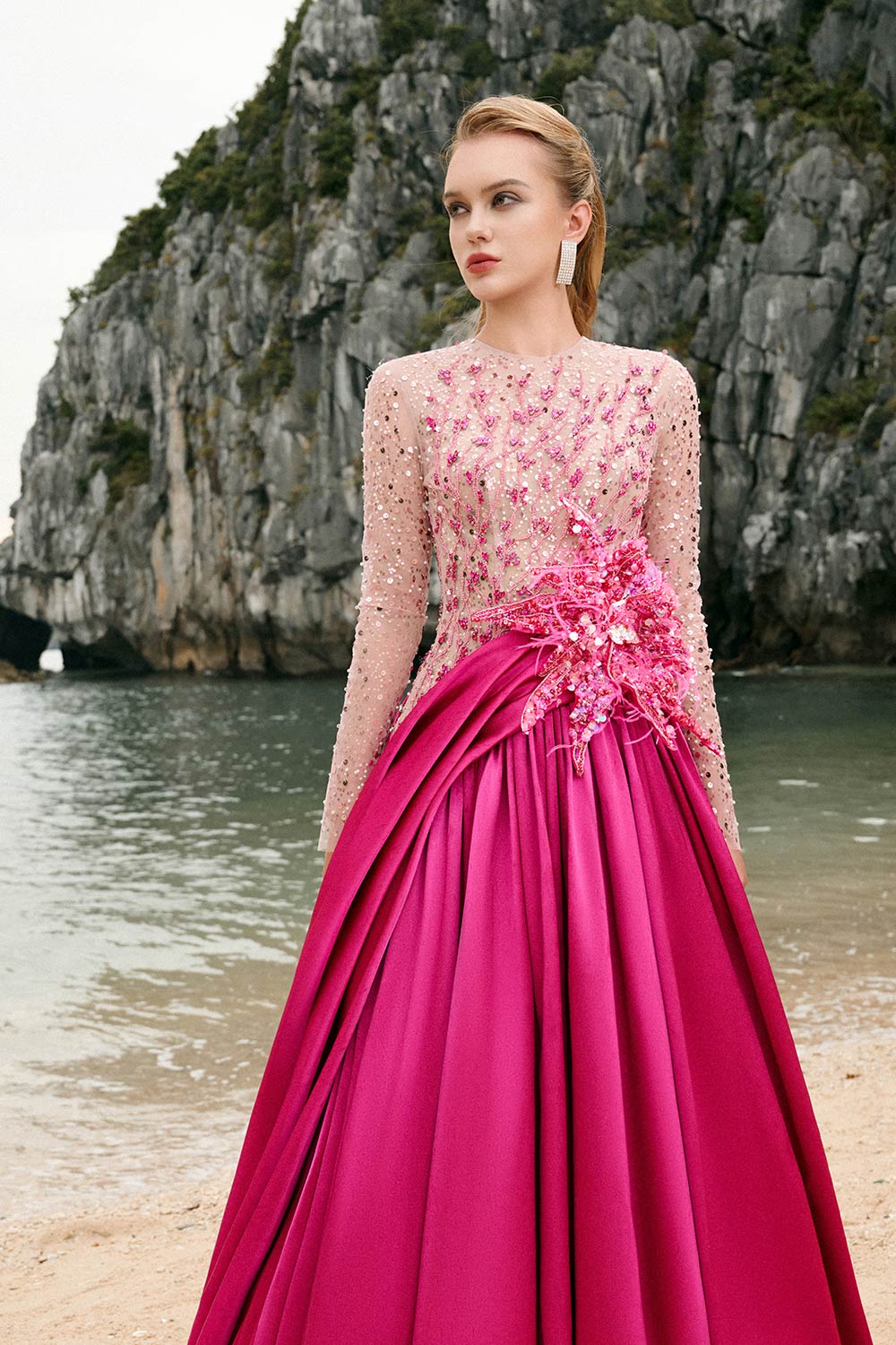 Zoe Ball Gown Sequin Duchess Satin Extra Long Length Dress