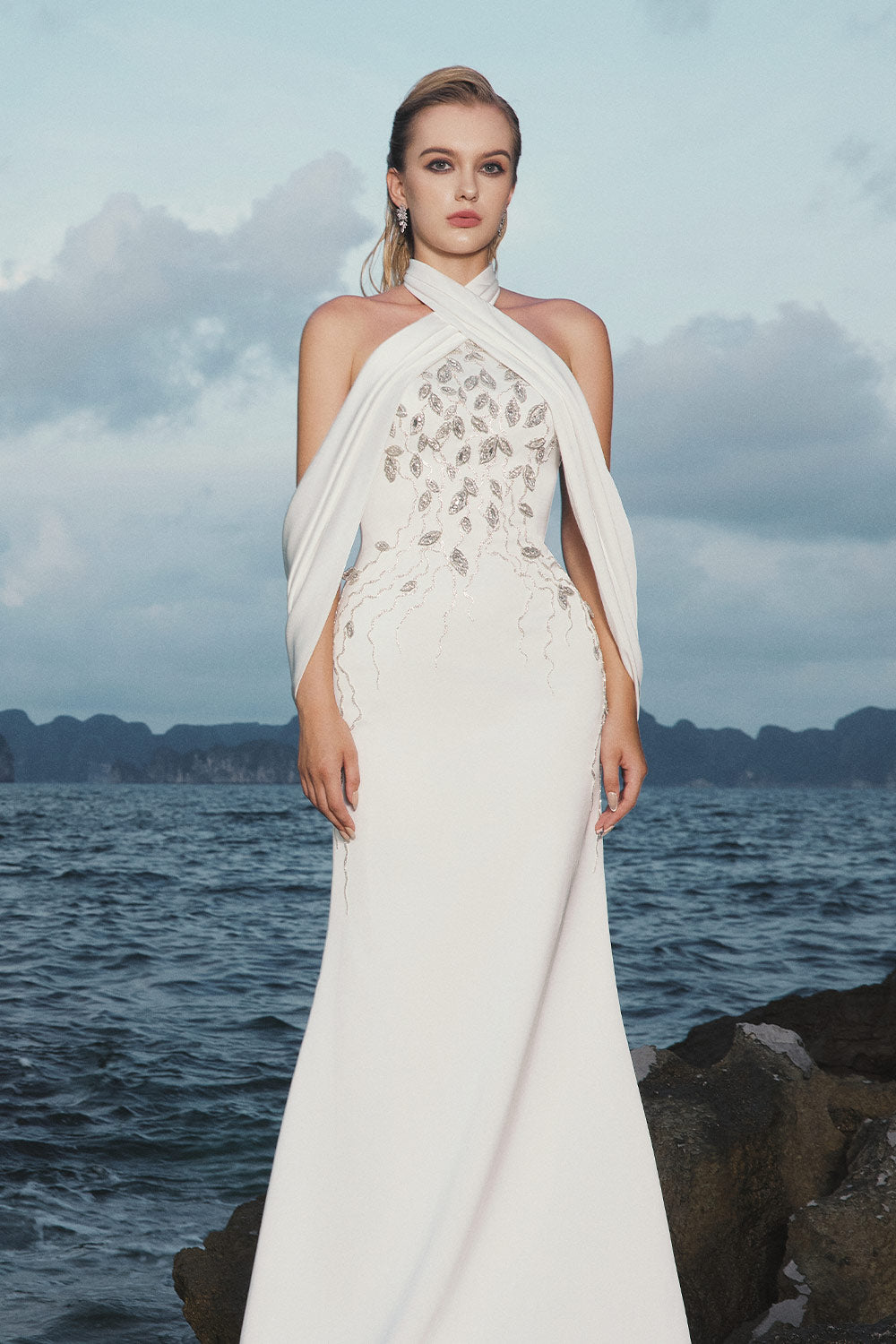 Nadia Halter Open Shoulder Silk Floor Length Dress