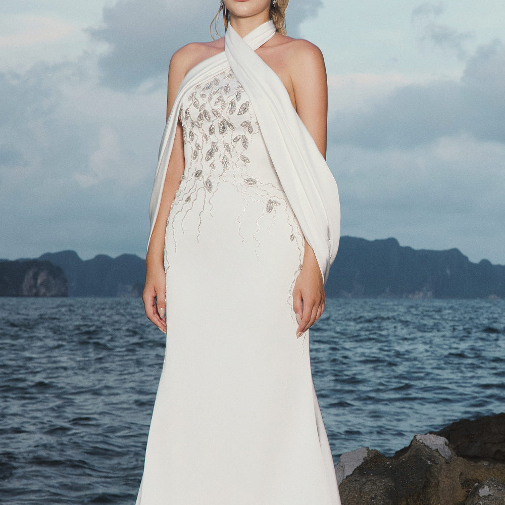 Nadia Halter Open Shoulder Silk Floor Length Dress