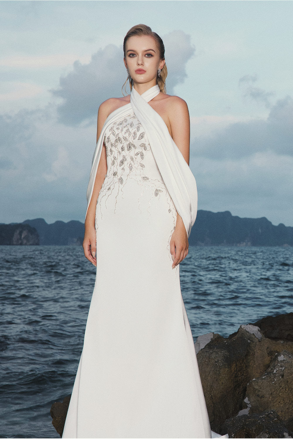 Nadia Halter Open Shoulder Silk Floor Length Dress