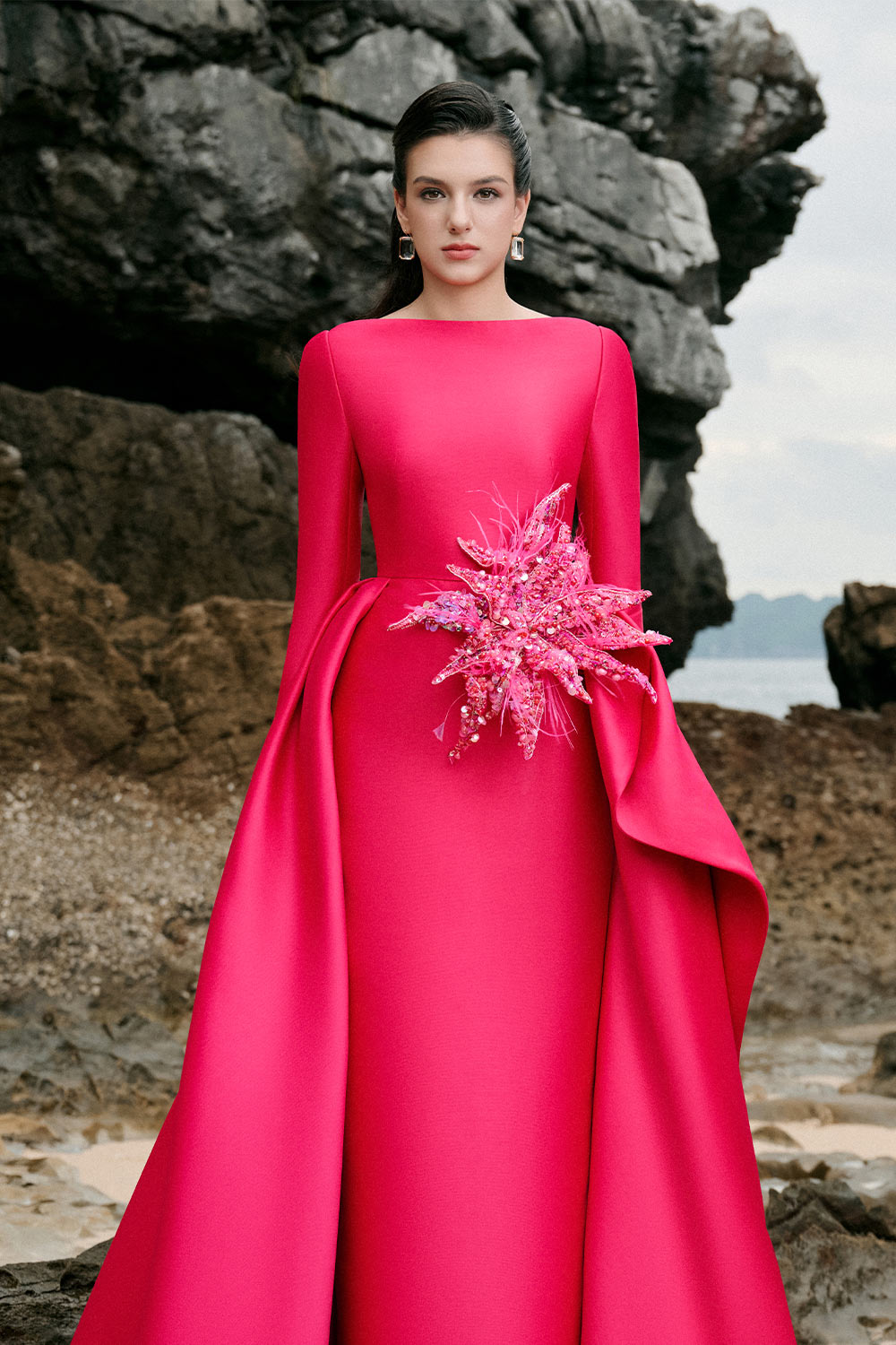 Nyla A-line Boat Neck Taffeta Floor Length Dress