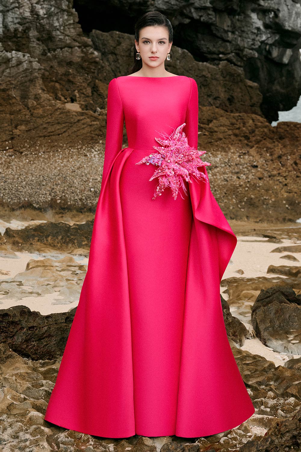 Nyla A-line Boat Neck Taffeta Floor Length Dress