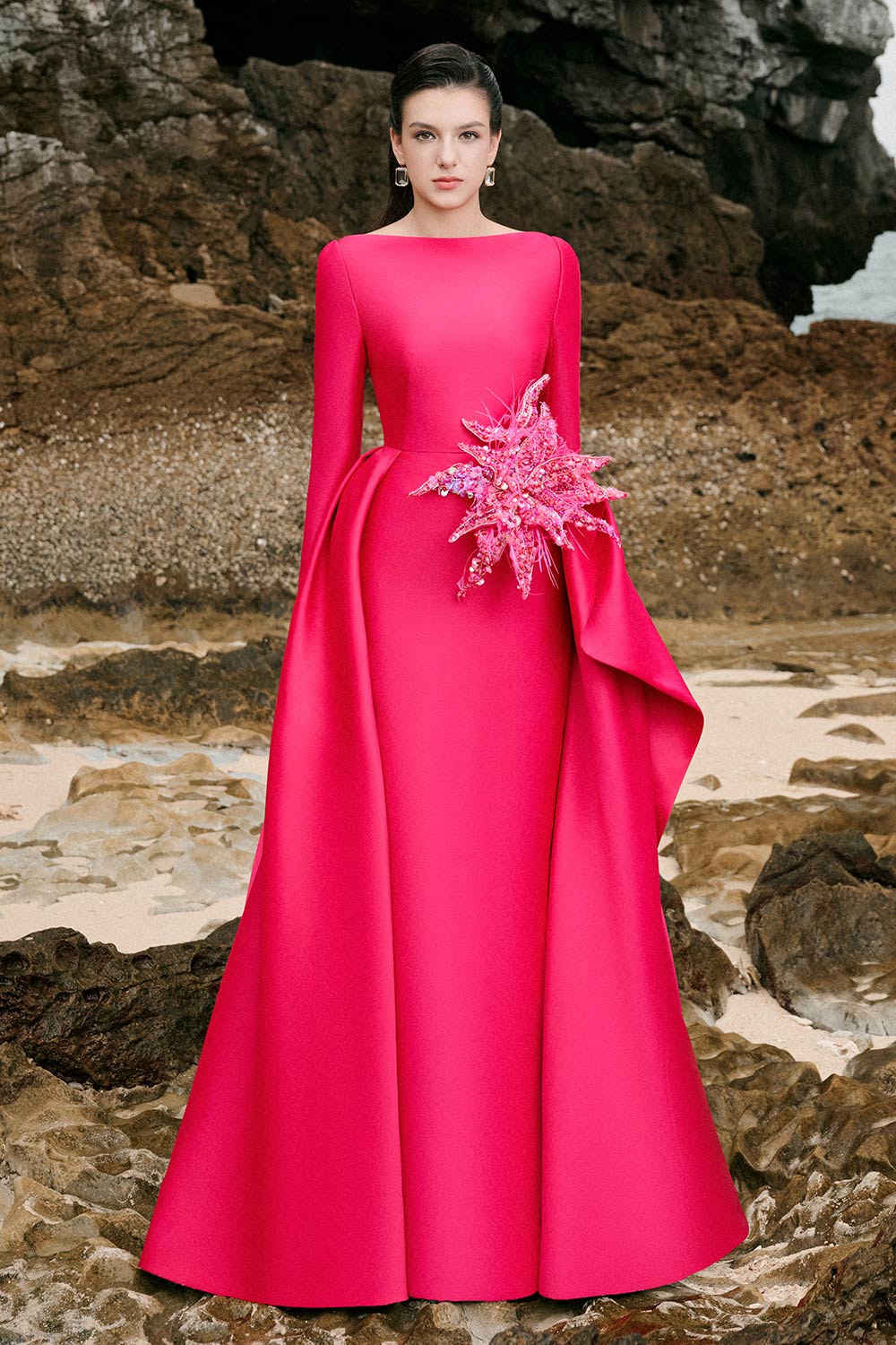 Nyla A-line Boat Neck Taffeta Floor Length Dress