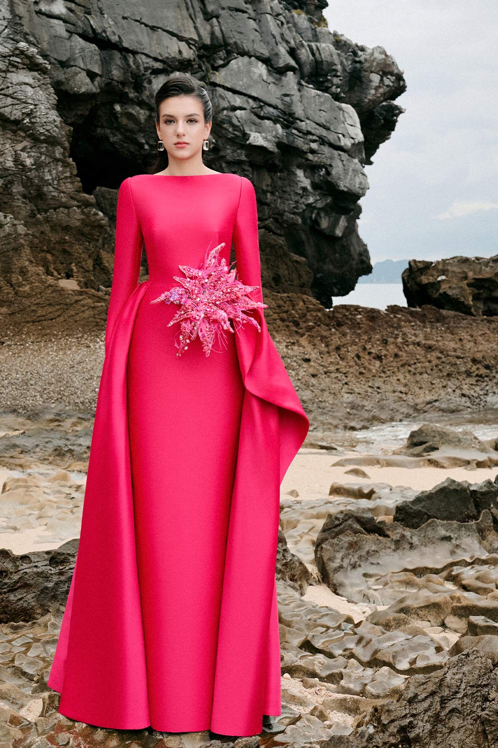 Nyla A-line Boat Neck Taffeta Floor Length Dress