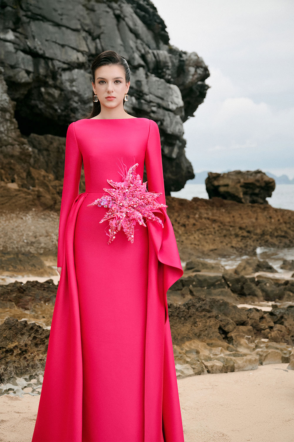 Nyla A-line Boat Neck Taffeta Floor Length Dress