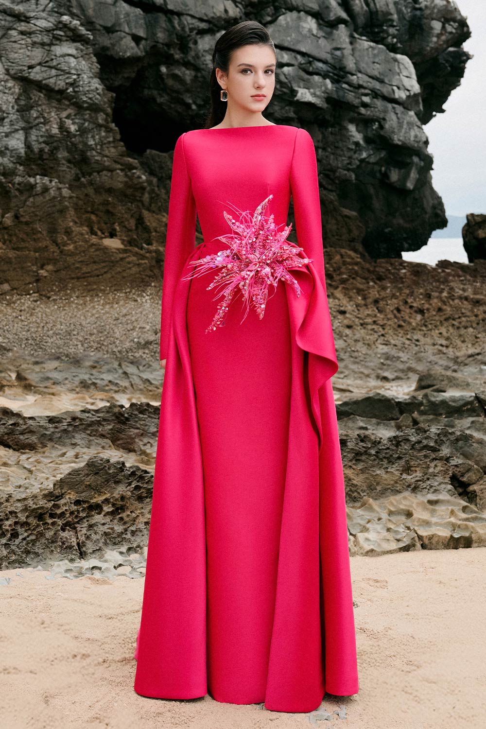 Nyla A-line Boat Neck Taffeta Floor Length Dress