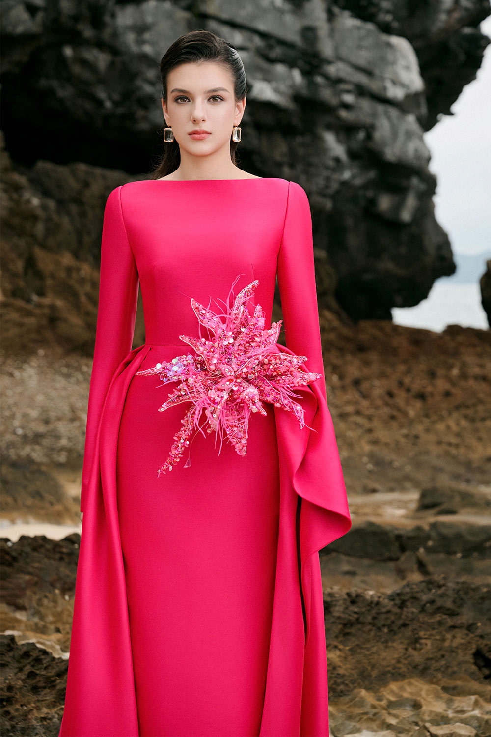 Nyla A-line Boat Neck Taffeta Floor Length Dress