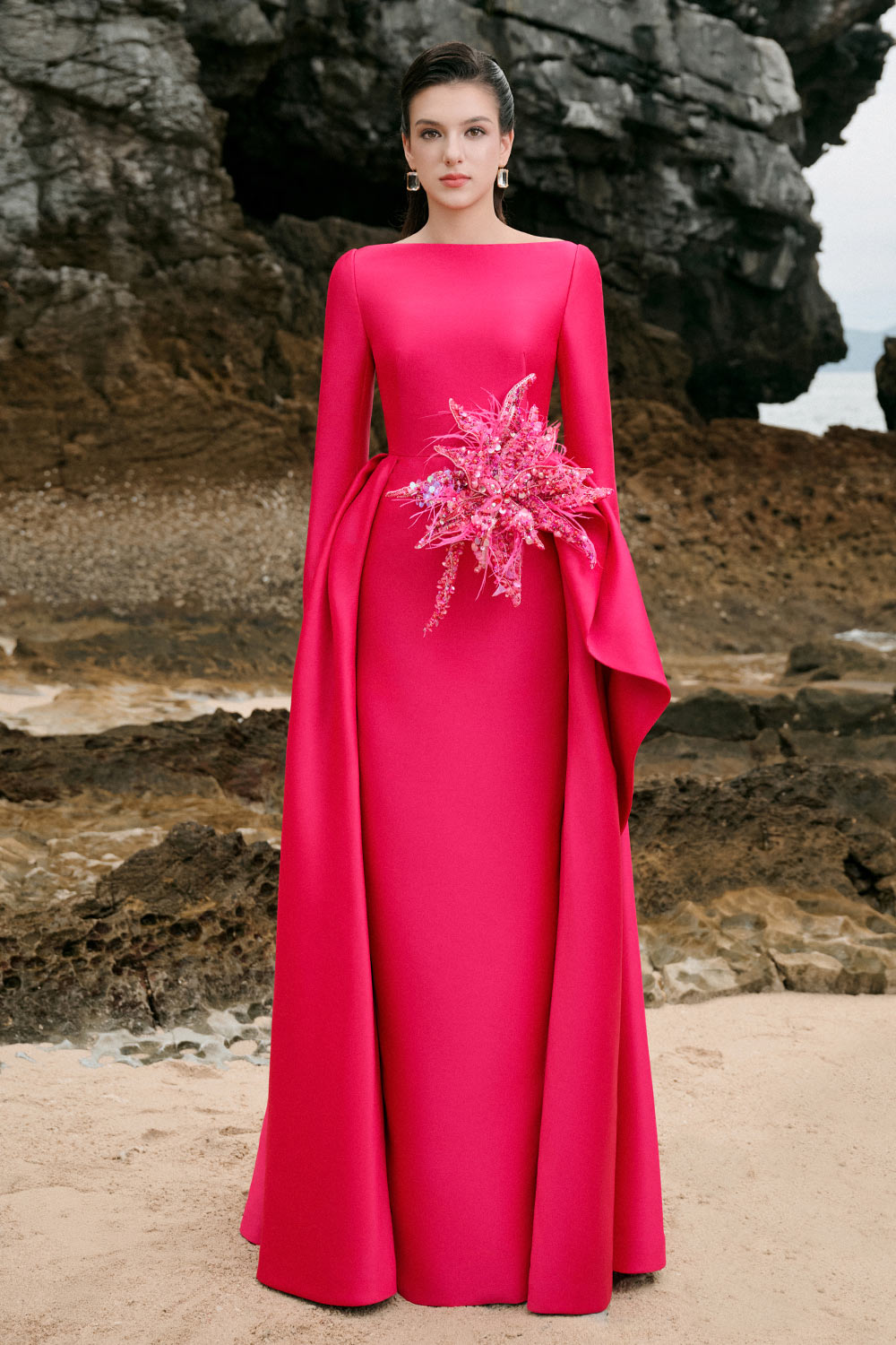 Nyla A-line Boat Neck Taffeta Floor Length Dress