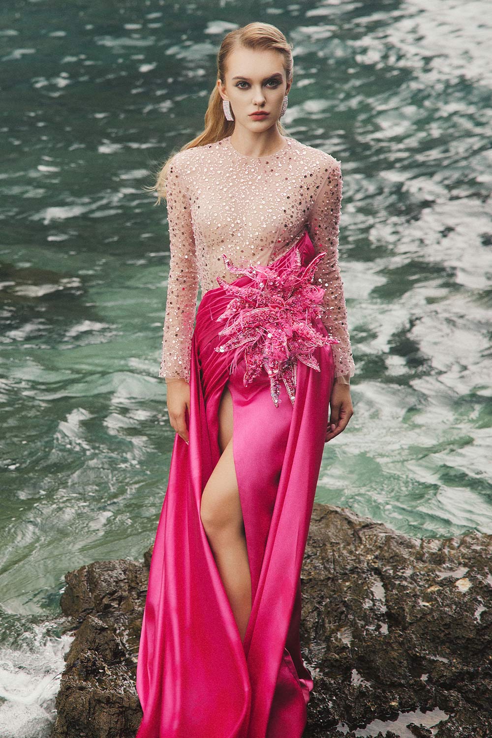 Ila Slit Sequin Duchess Satin Floor Length Dress