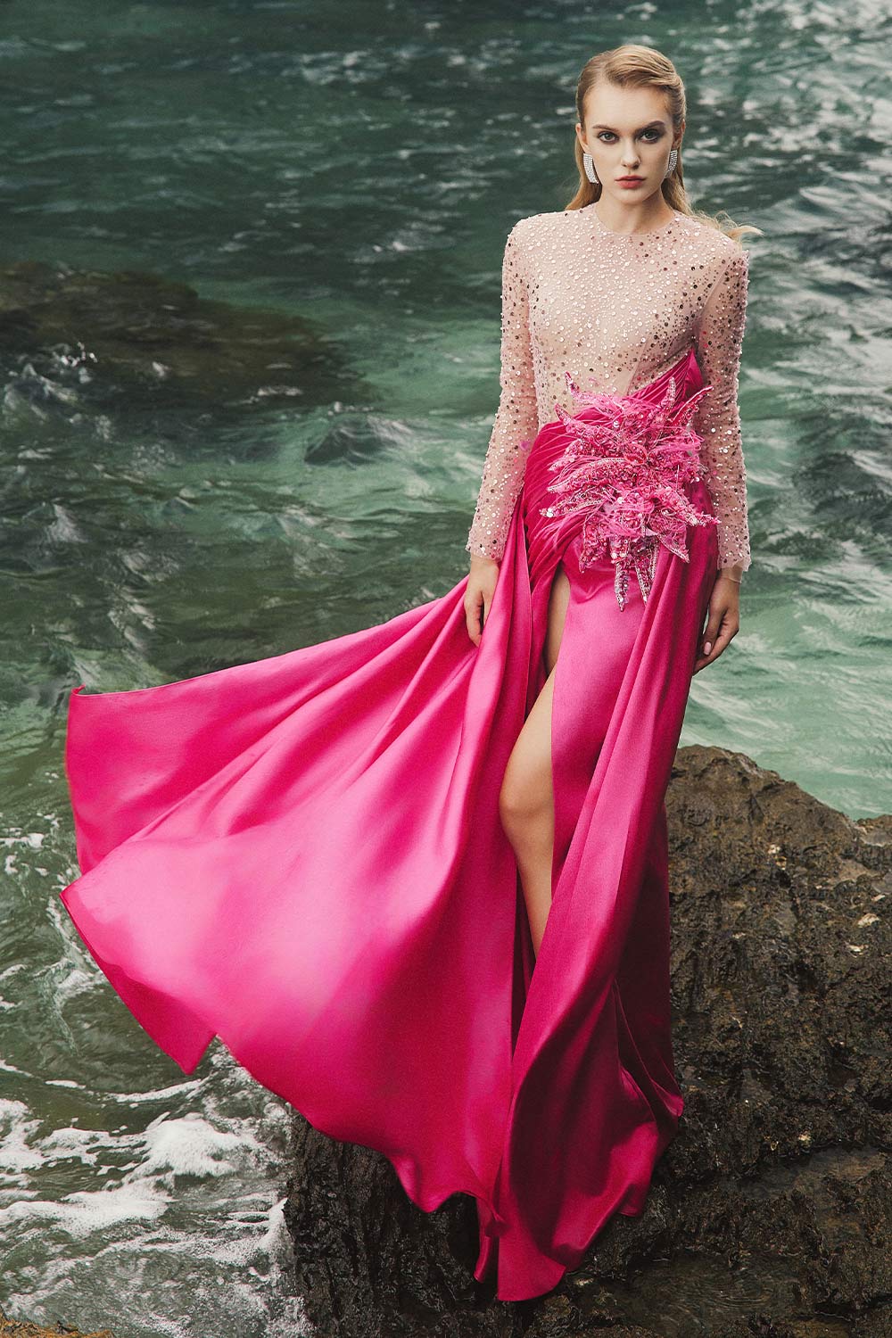 Ila Slit Sequin Duchess Satin Floor Length Dress