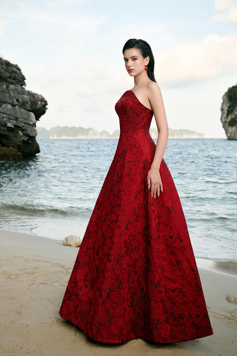 brocade a line dress Women's Angelique A-line Curved Neck Brocade Floor Length Dress XS/S/M/L/XL/XXL/Customize/Red/MEAN BLVD Red / S