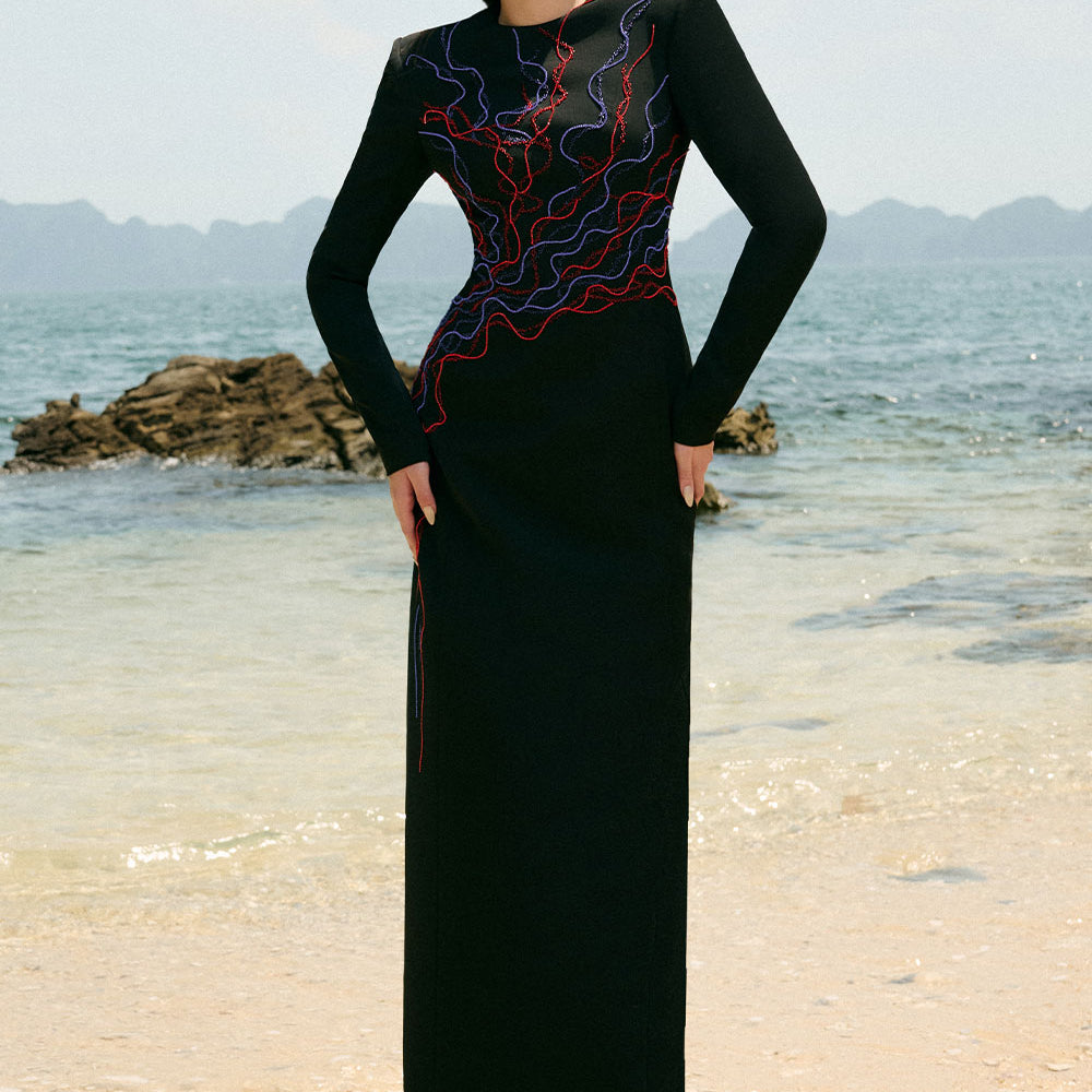 Brielle Sheath Square Shoulder Velvet Satin Floor Length Dress