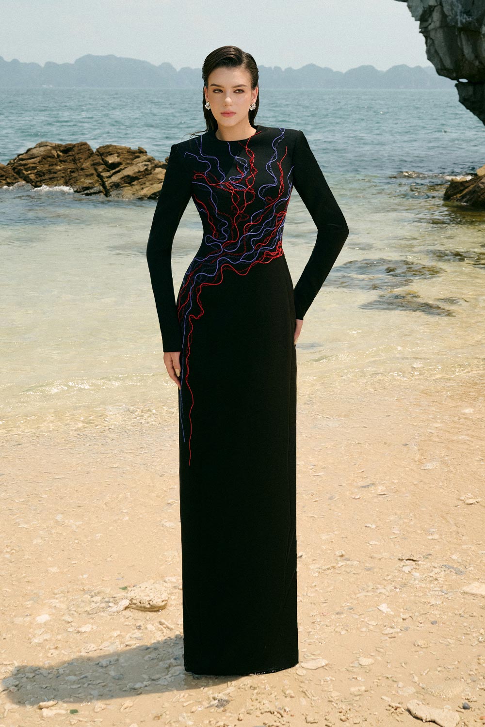 Brielle Sheath Square Shoulder Velvet Satin Floor Length Dress