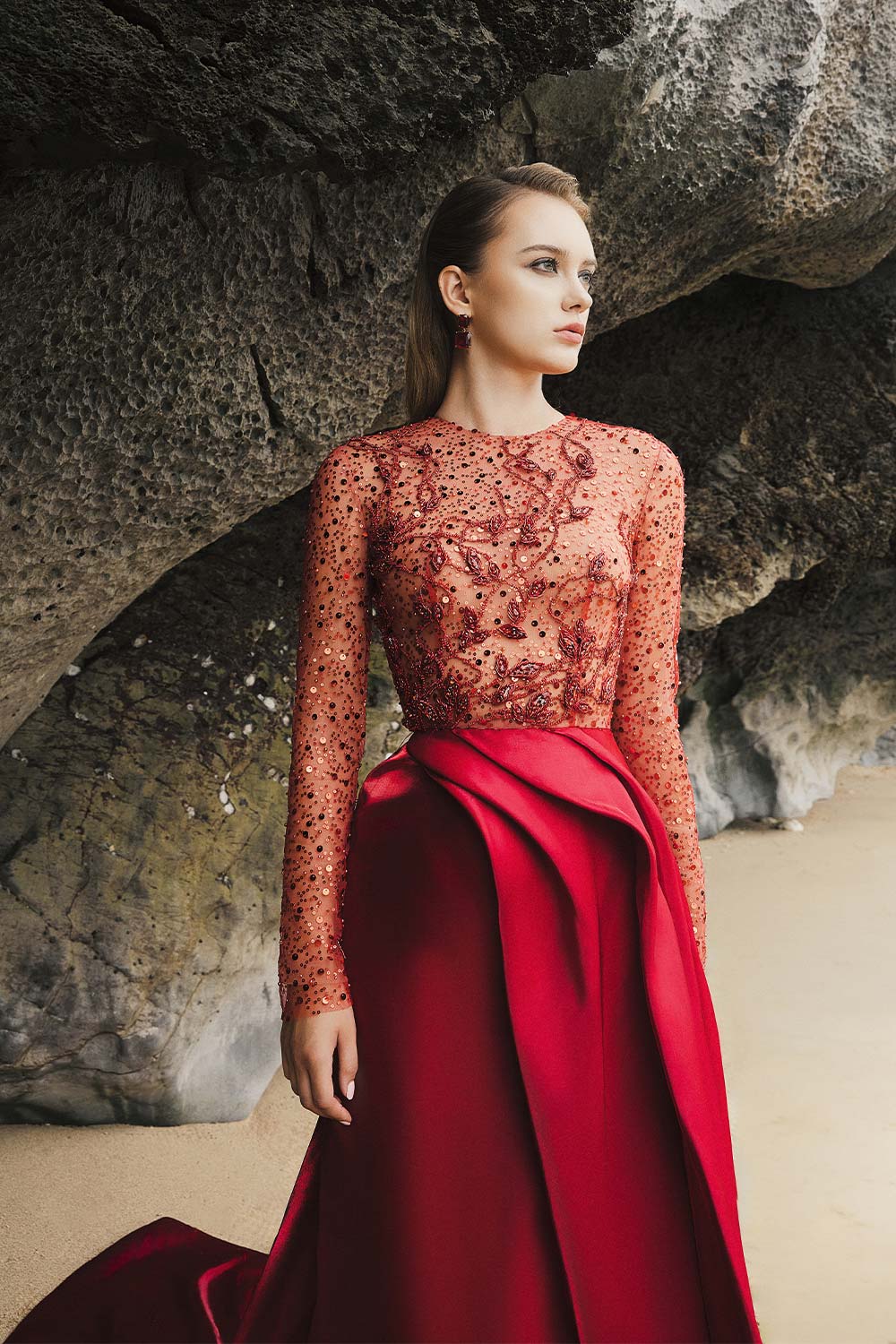 Zelda Asymmetric Sequin Taffeta Extra Long Length Dress