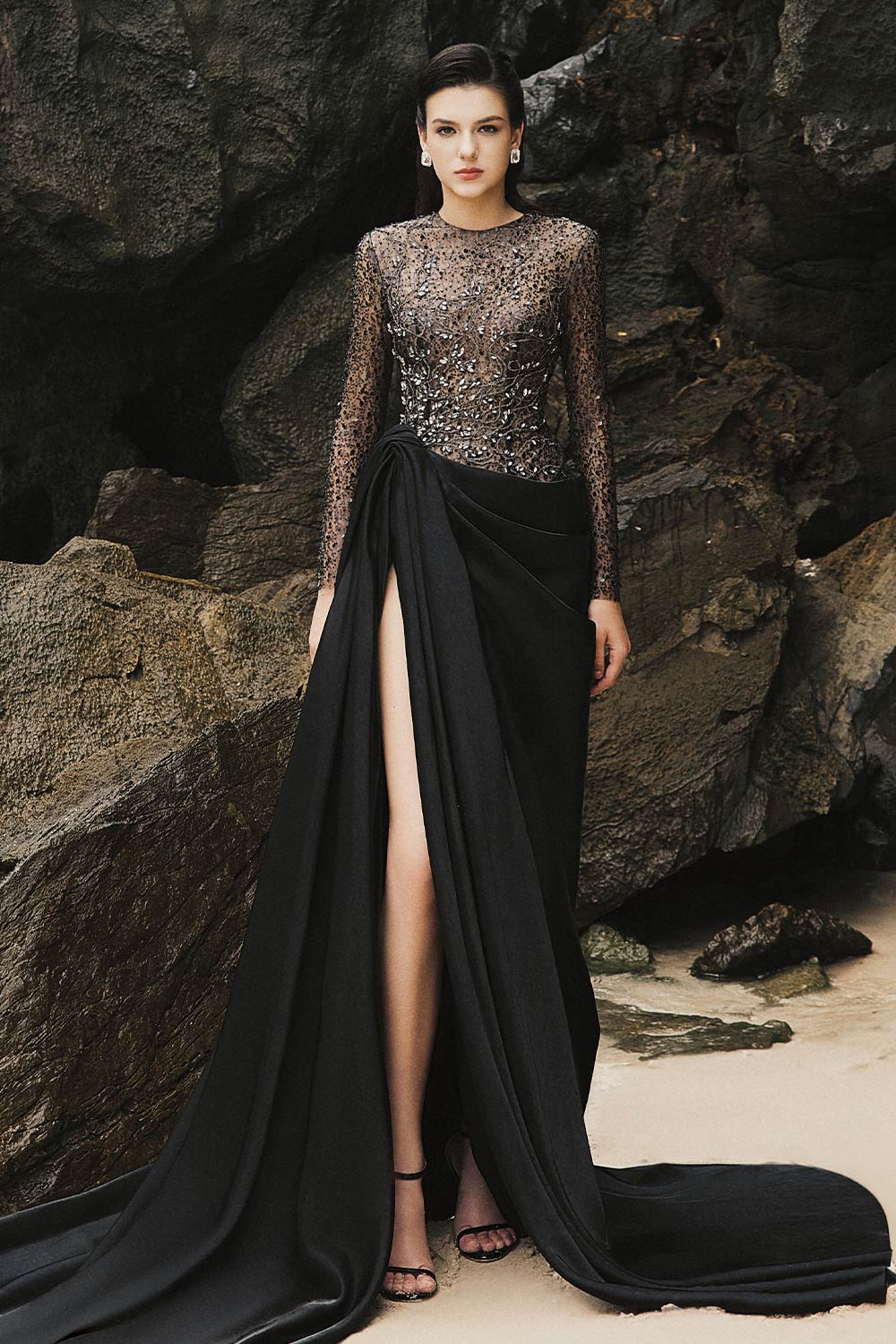 Myra Slit See-Through Taffeta Extra Long Length Dress