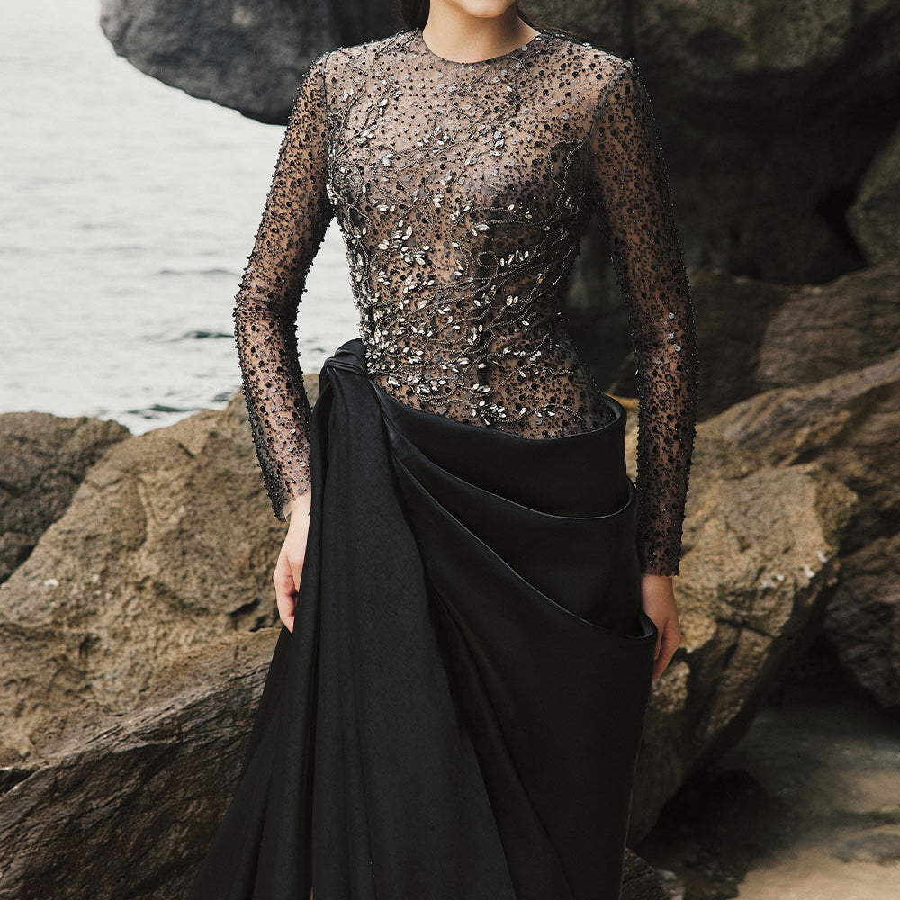 Myra Slit See-Through Taffeta Extra Long Length Dress